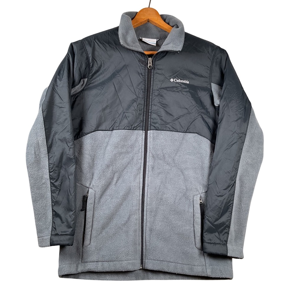 Columbia Fleece Jacket Boys Large Gray Black Full Zip Ripstop Hybrid Overlay
